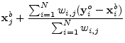 $\displaystyle {\mathbf x}^b_j + \frac{\sum_{i=1}^N w_{i,j} ({\mathbf y}^o_i - {\mathbf x}^b_i)}
{\sum_{i=1}^N w_{i,j}}$