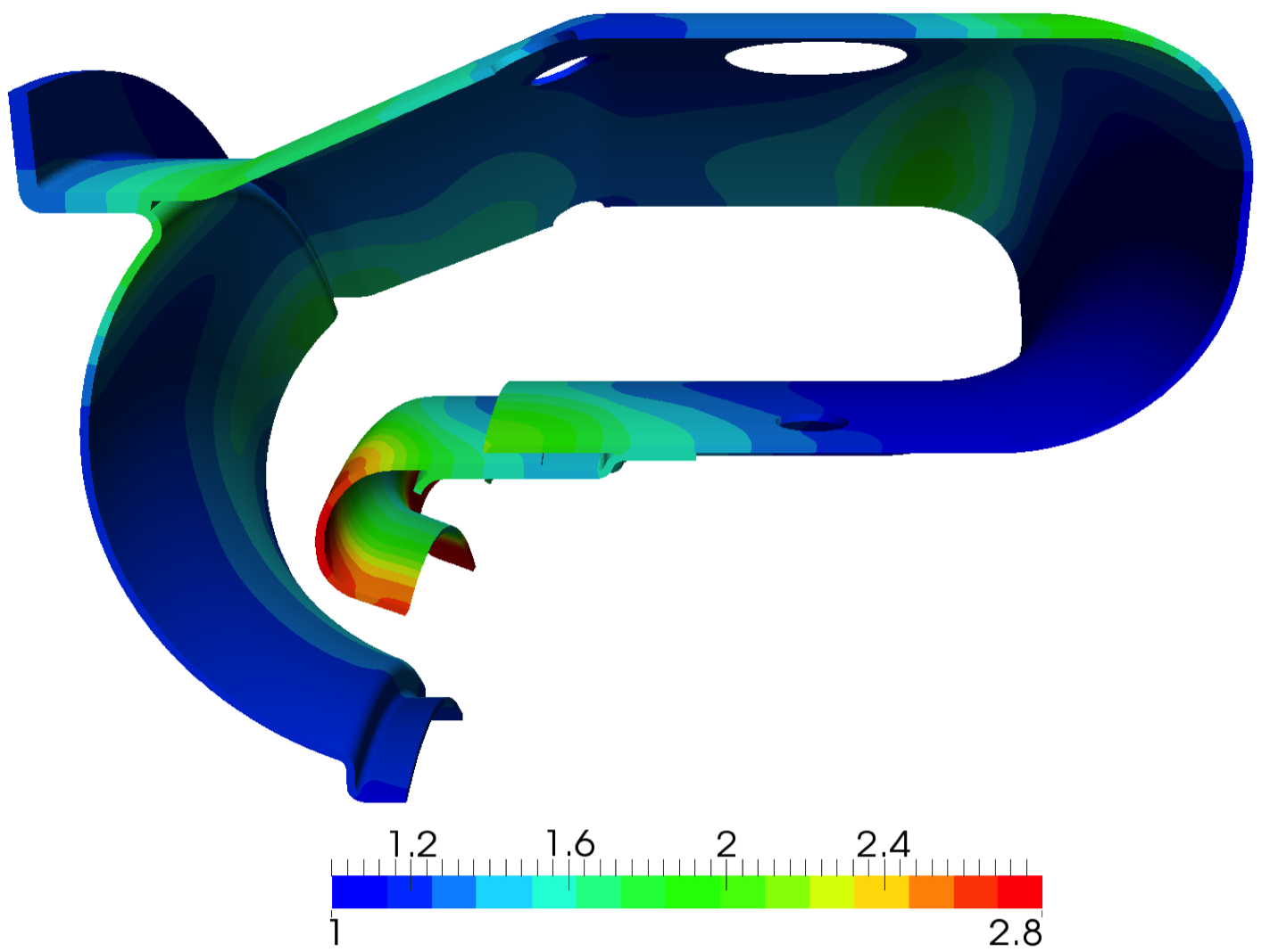 Conjugate heat transfer in a helicopter combustion chamber. Representation of the liner normalized temperature.
                <br><B>Codes used: </B>AVBP, AVTP, PRISSMA
                <br><B>Reference: </B><a href='http://proceedings.asmedigitalcollection.asme.org/proceeding.aspx?articleid=2428270' target=new>ASME TurboExpo</a>